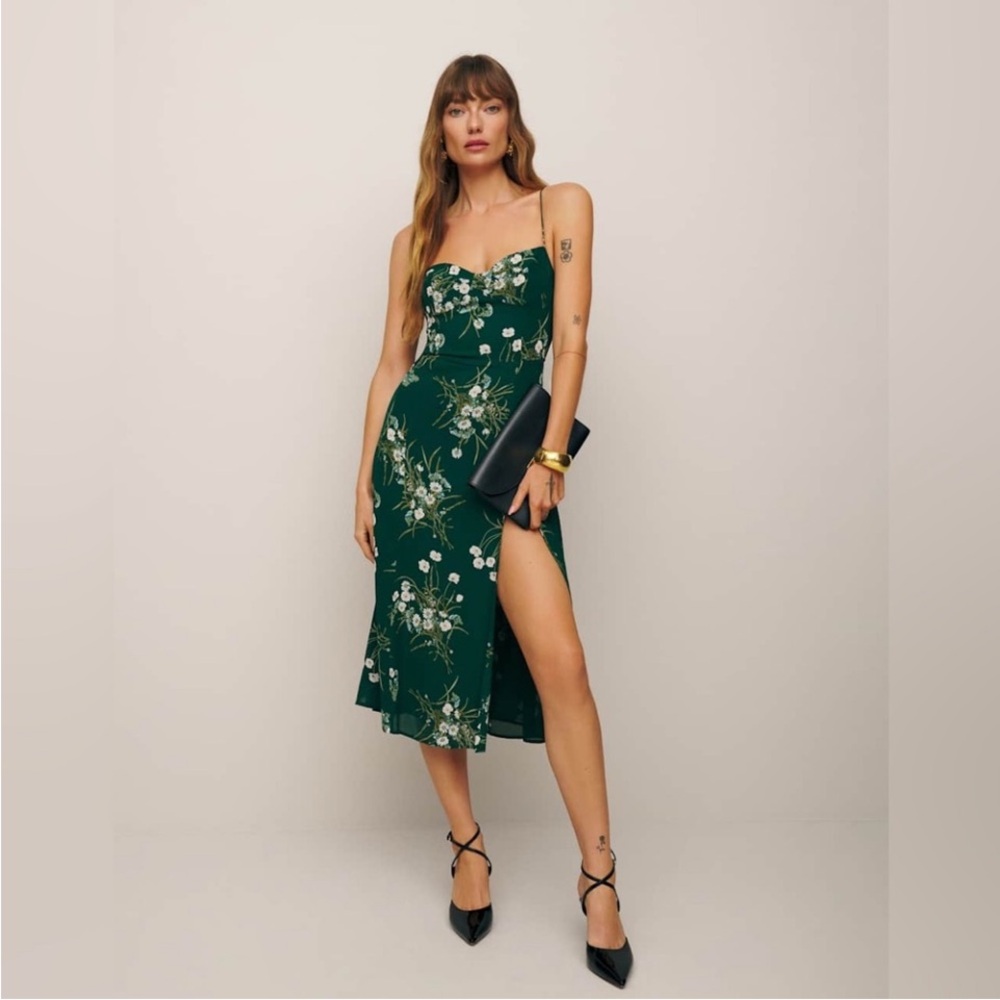 Reformation Juliette Dress Green Floral Midi Tie Spaghetti Straps Size 4